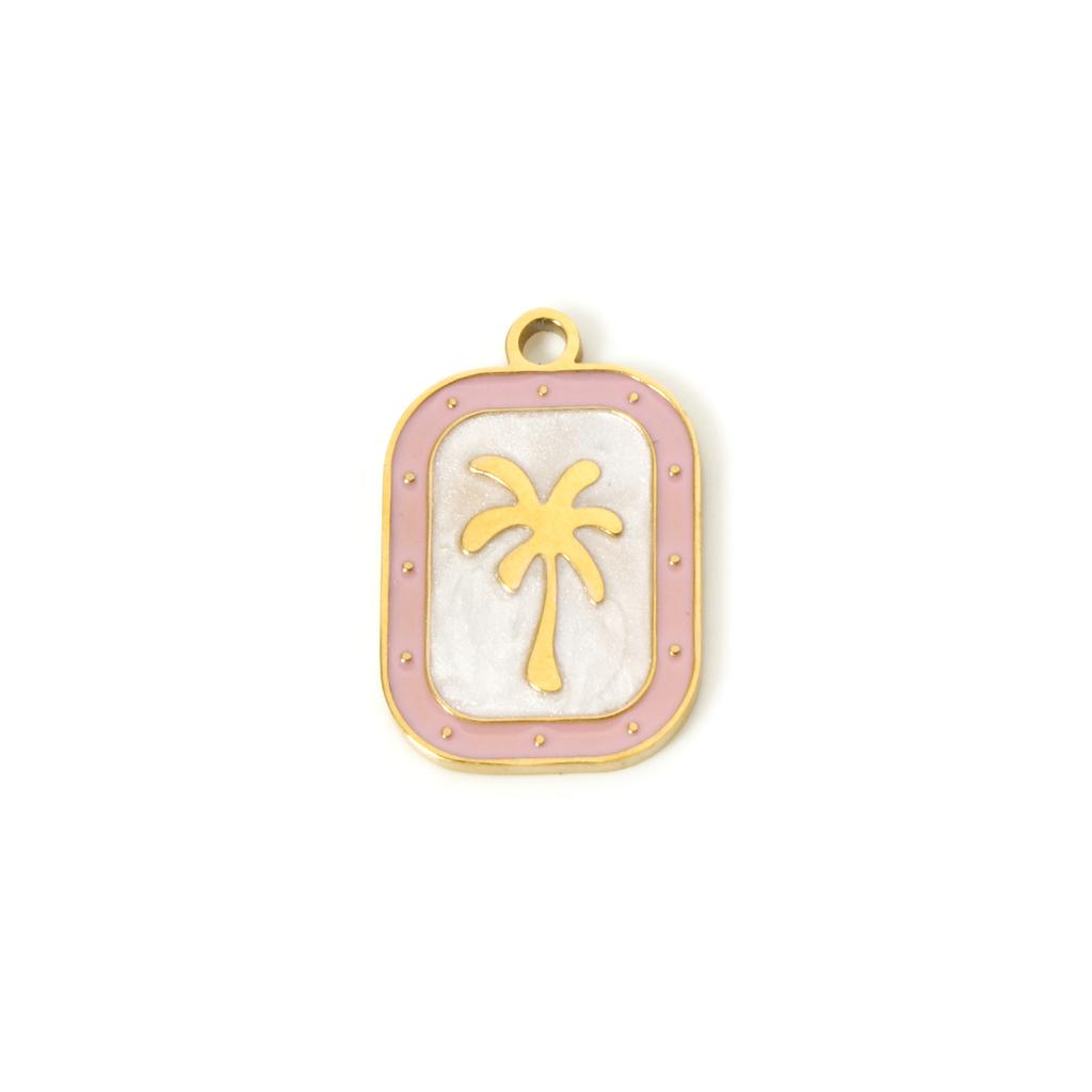 304 Stainless Steel Flora Charms 18K Gold Plated Rectangle Coconut Palm Tree Enamel Pendant DIY Necklace 20mm x 13mm, 2 Pcs