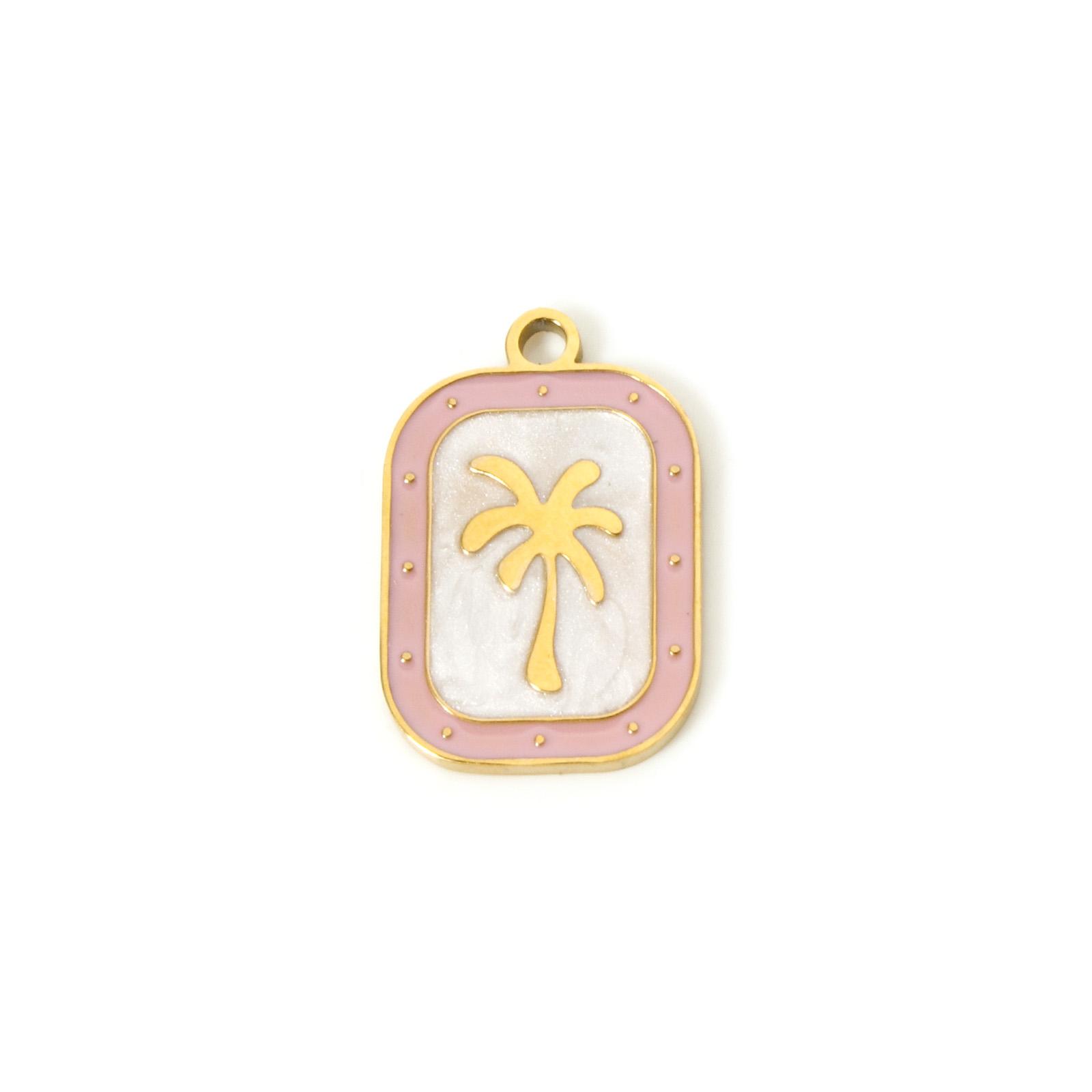 

304 Stainless Steel Flora Charms 18K Gold Plated Rectangle Coconut Palm Tree Enamel Pendant DIY Necklace 20mm x 13mm, 2 Pcs розовый