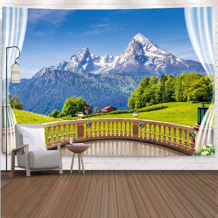 Berglandschaft vor dem Fenster, hängender Wandteppich, Wanddekoration für Zuhause, Büro, Wohnzimmer
