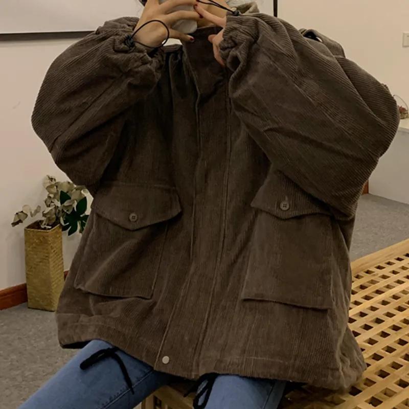 Women Winter Warm Patchwork Corduroy Vintage Thick Loose Parkas Female Outwear Pocket