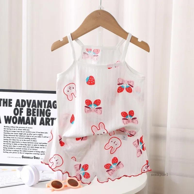 New Kids Tops+shorts Set Summer Thin Baby Cotton Vest Sleeveless Loungewear Set for Girls Suit