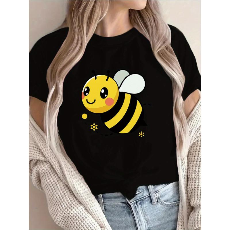 

Cute Happy Letter Joyful Bee Pattern Printed Summer Casual Women s Short Sleeve Round Neck T-shirt Daily Top Women s Clothing XS