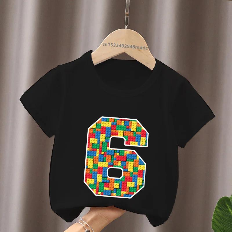 Cartoon Building Blocks Bricks Print Kids TShirt Number Tees for Boys And Girls Funny Birthday Baby Top 29 Years