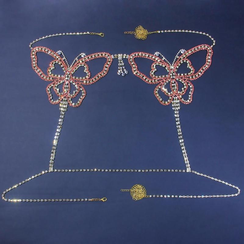 Sexy tělový řetízek s motýlem a kamínky pro ženy Klubové doplňky Luxusní spodní prádlo Bling sada podprsenky a kalhotek Bikini Šperky