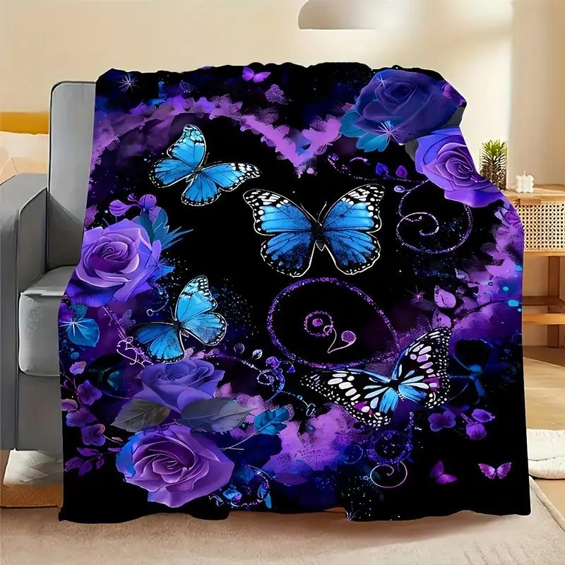 Soft Flannel Blanket with Purple Roses, Heart Garland and Blue Butterfly Pattern - Perfect for the Living Room, Bedroom, Travel