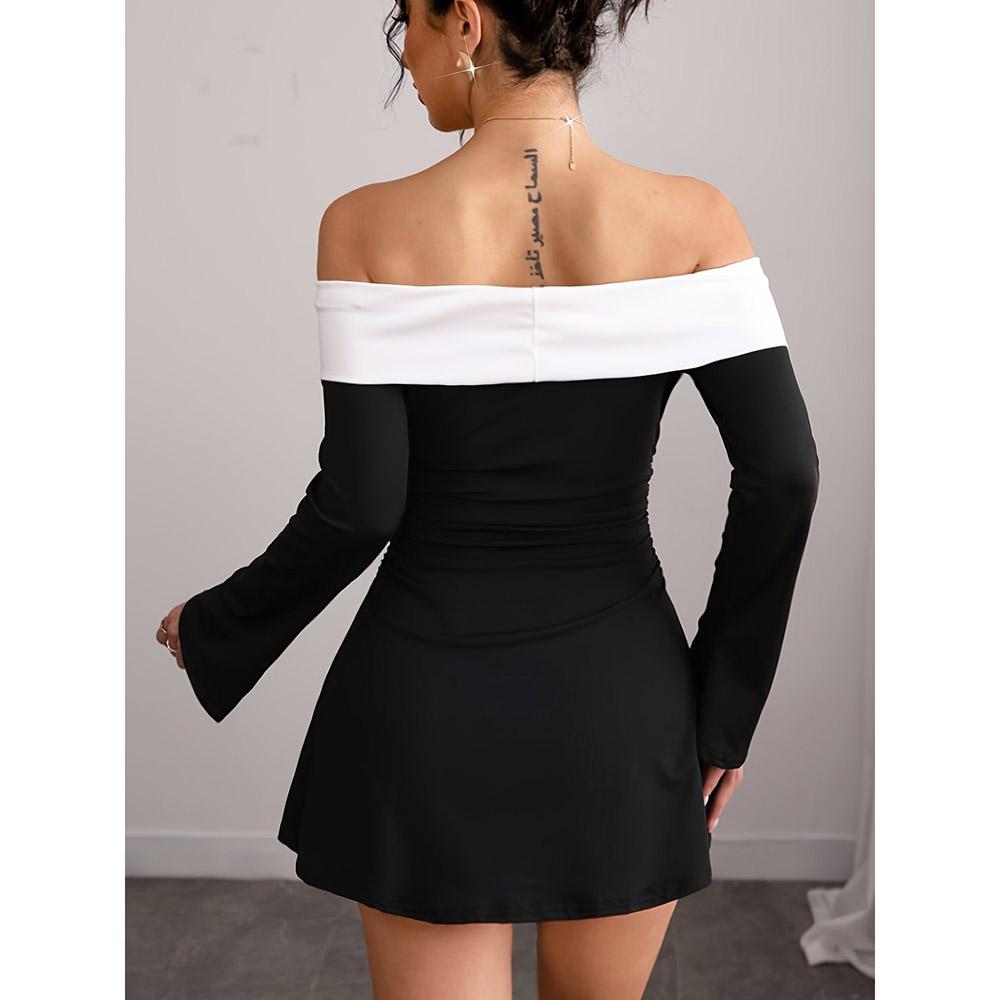 Women Elegant Off Shoulder Long Sleeve Bodycon Dress Stretchy Outfit