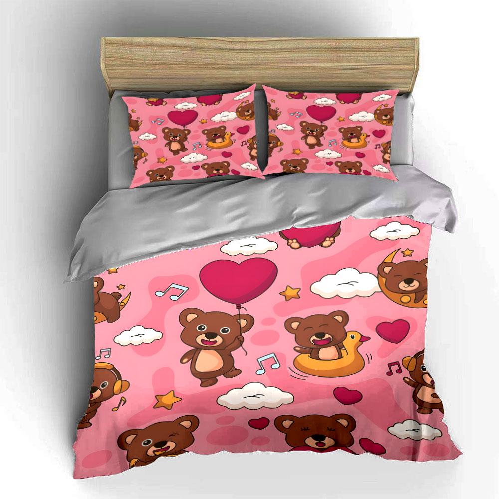 Cute Bear and Heart Pattern Bedding Duvet Cover Set (1*Duvet Cover 2*Pillowcases, Without Duvet Insert)