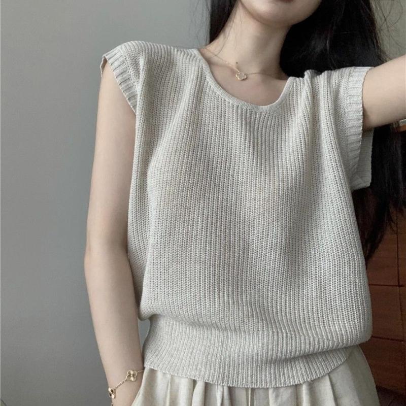 Ice Silk Knitted Shoulder Short Sleeved T-shirt for Women's Summer Design French Slim Fit and Slimming Sleeveless Thin Top