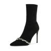 [New] Pointed High-heeled Short Boots Women's Premium Rhinestone Black Suede Thin-heeled Elastic Thin Boots Temperament Socialite