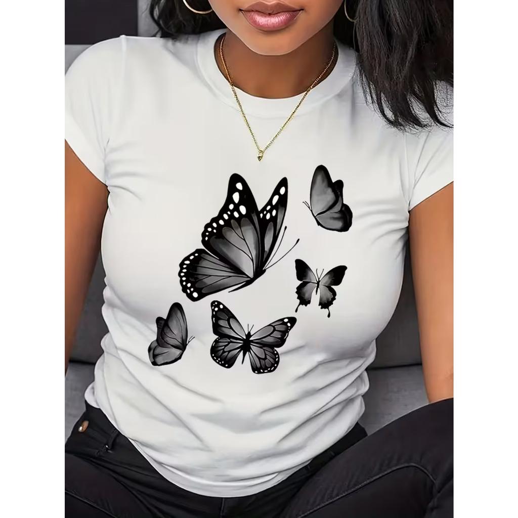 Women's Butterfly Print T-shirt, Short Sleeve Crew Neck Casual Top for Summer & Spring, Women's Clothing