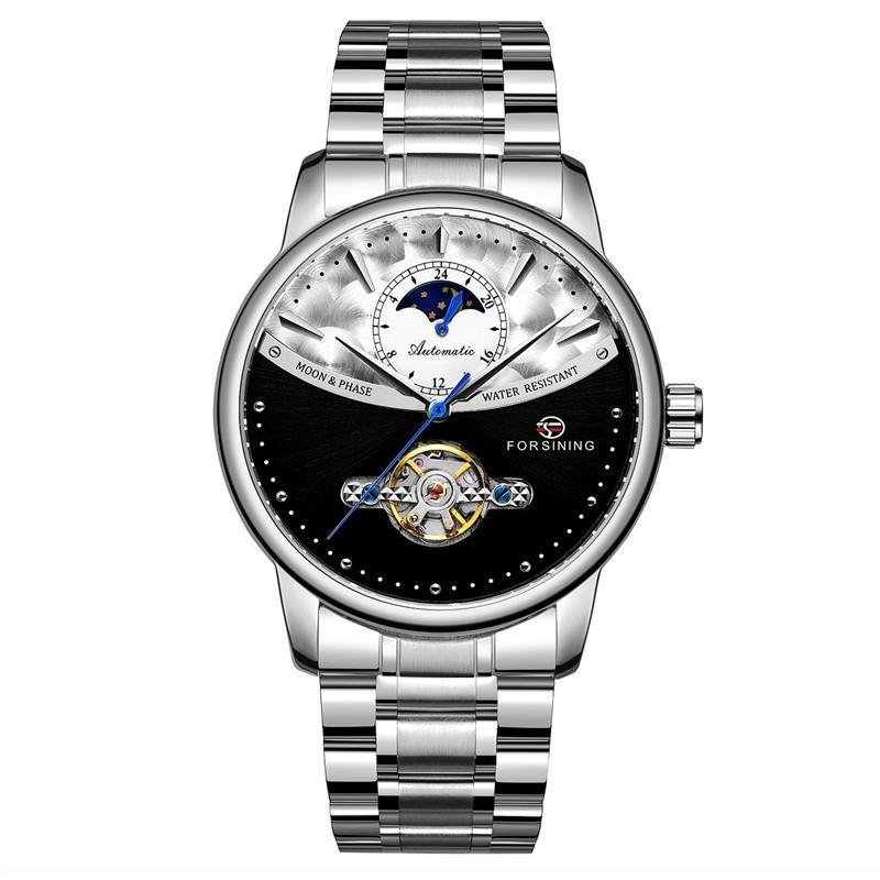 FORSINING Men's Moon Phase Tourbillon Watch Luxury Self-wind Mechanical Automatic Waterproof Retro Watches Stainless Steel Band Wristwatch