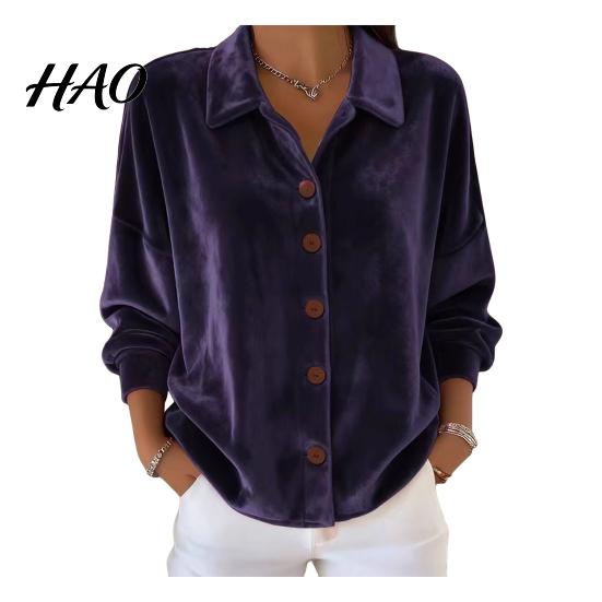 Breathable Women Blouse Shirt Lapel Long Sleeve Velvet Texture Solid Color Tops Loose Fit Buttons Placket Commuter Work Wear Everyday Top
