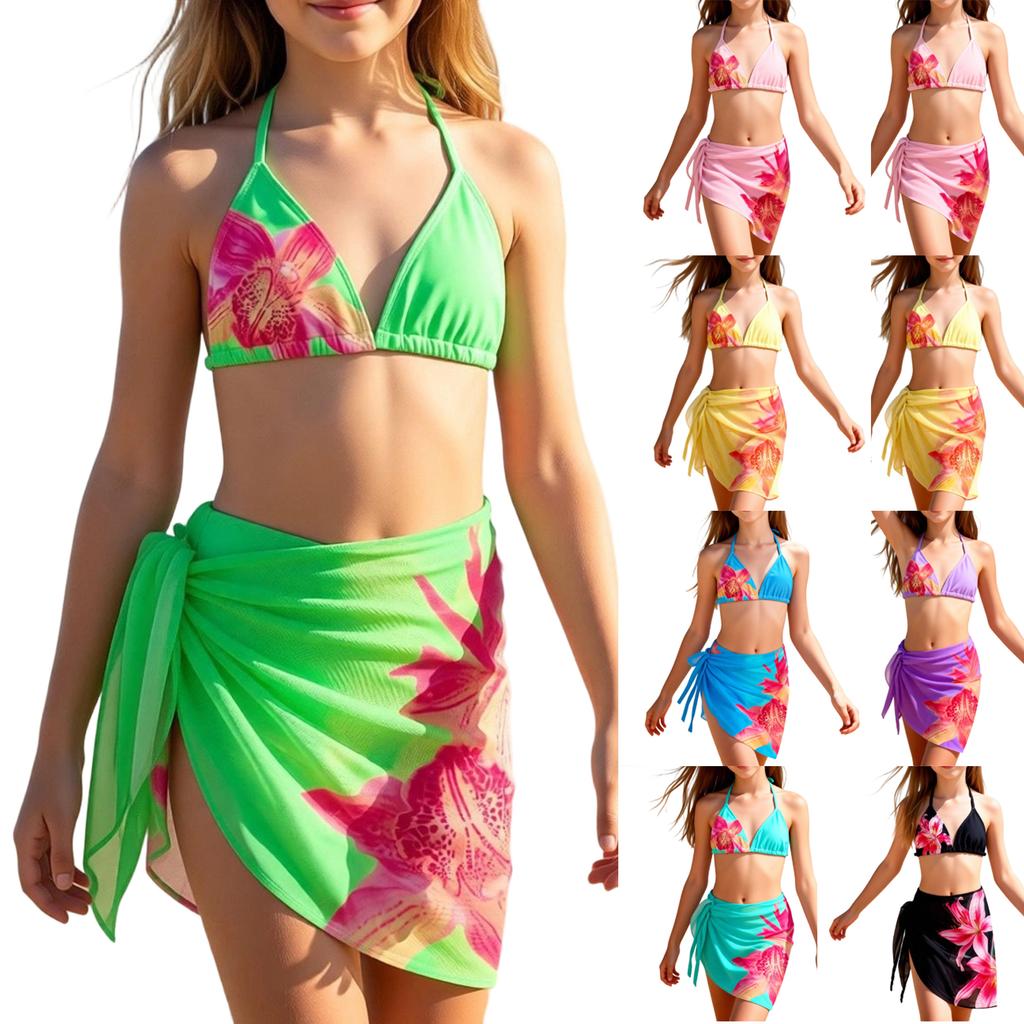 Costume da Bagno a Tre Pezzi per Bambina Bikini a Vita Alta con Sovrapposizione in Rete alla Moda Costume da Bagno Due Pezzi per Bambini Estate Abbigliamento da Spiaggia