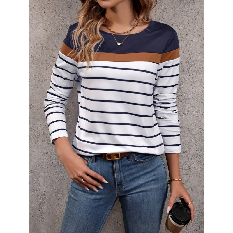 Spring and Summer Women's Round Neck Long-Sleeved Stripesd Casual Design Simple and Elegant T-Shirt