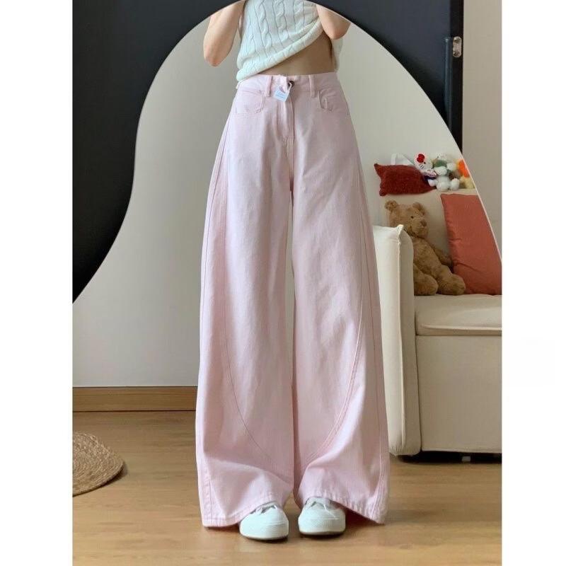 Women's Pink High-Waist Wide-Leg Denim Pants