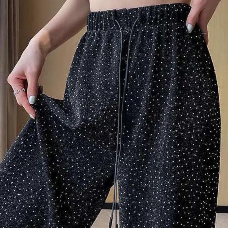 Shiny Rhinestone Sequin High-Waisted Wide-Leg Pants - Women's Summer Korean Style Ice Silk Loose Fit