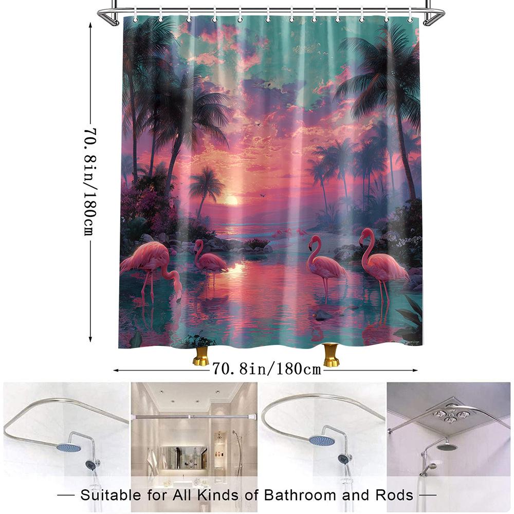 1pc Tropical Flamingo Shower Curtain - Tropical Beach Bathroom Decor with Flamingos, Palm Trees & Sunset - Extra Long 70.8x70.8