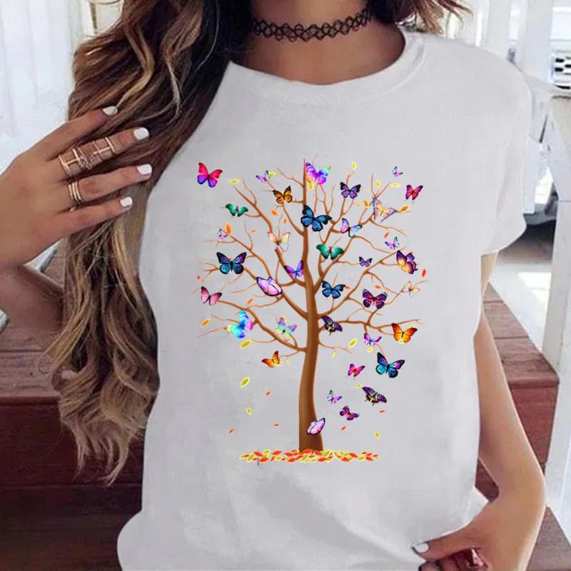Woman Butterfly Tree Print Harajuku Summer Tshirts Casual Round Neck Short Slee Top Tee Shirt Women Black T-shirt Drop Ship