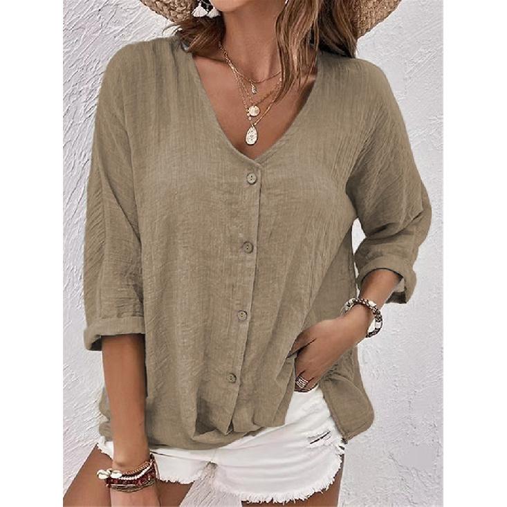 2026 Spring/Summer New Solid Color V-Neck Pullover T-Shirt Loose Women s Casual Top S хаки