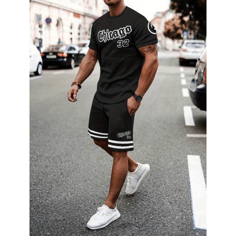 Men s Breathable Casual Sports Suit, Summer Outdoor 3D Printed T-shirt and Five-point Pants Set S