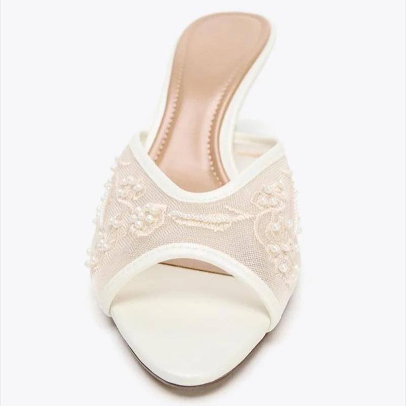 Luxury String Bead Mesh Embroider Heeled Slippers Women Sexy Pointed Toe Peep Toe Slide Sandals Summer Elegant Designer Shoes