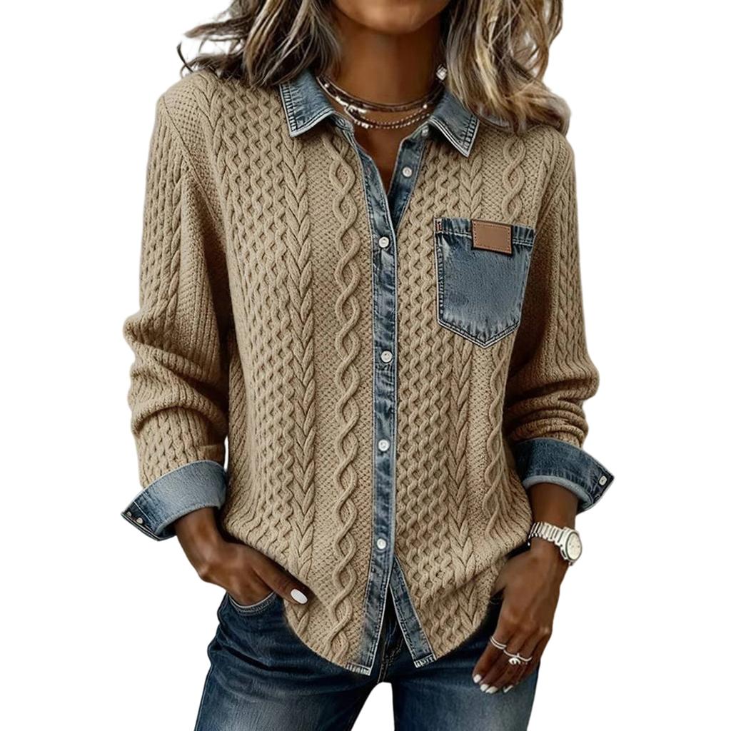 Damen Strick Patchwork Denim Mode Langärmelige Strickjacke Jacke