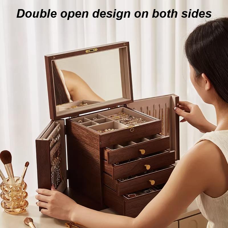 Wood Jewelry Box Large Capacity Earring Necklace Storage Boxes Multiple Drawers Ring Organizer Boxes Retro Jewelry Box with Lock