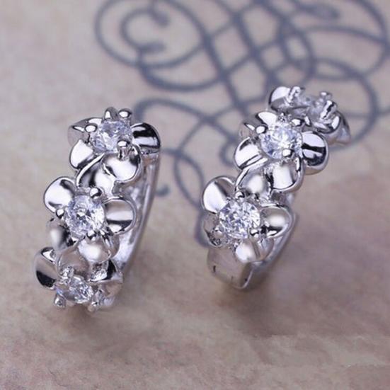 Lady Flower Faux Sweet Rhinestone Huggie Silver Plated Earrings Hoops
