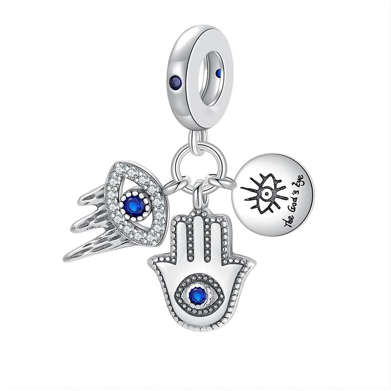 Sparkling Hamsa, All-Seeing Eye & Feather Three-Sided Charm Beads Fit Original Bracelets Accessories Diy Jewelry Gifts