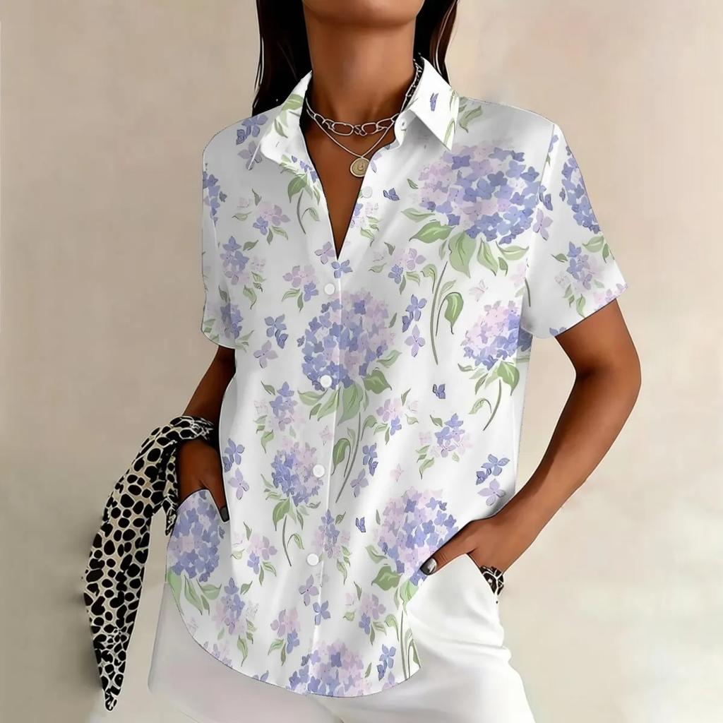 Blumenprint Retro Damen Kurzarmhemden Damen Revers Einreiher Kurzarmblusen Lässige Tägliche Damen Lockere Oberteile