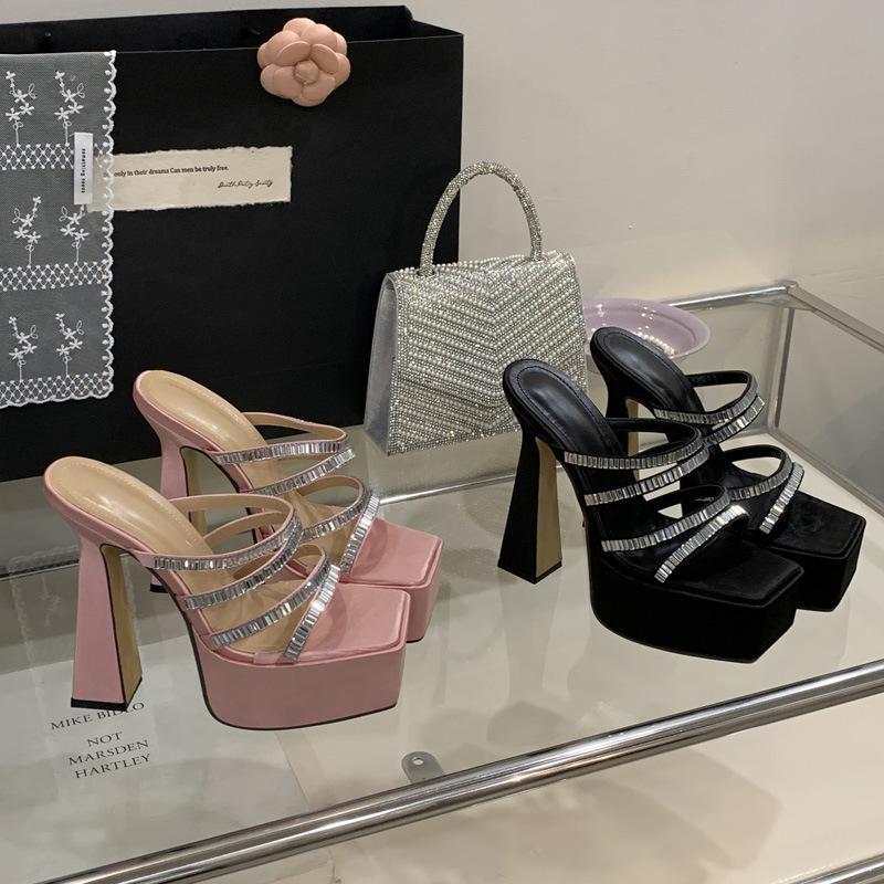 Waterproof table temperament celebrity super high heels women's square head thick heel women's shoes one-word diamond with cool slippers