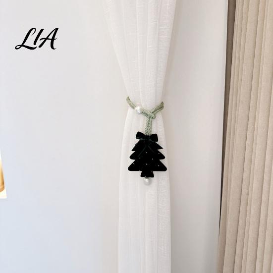 Reusable Christmas Decorations Tree Curtain Tieback, Green Velvet Holder with Bow And Festive Door Handle Pendants Faux Pearl, Decorative Drape