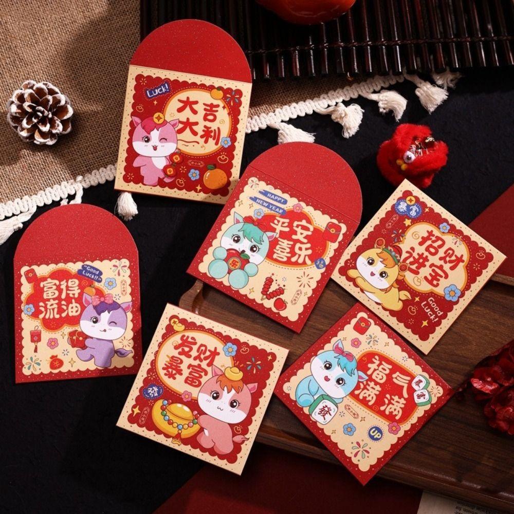 6Pcs Cartoon 2026 Horse Year Red Envelope Paper Red Pocket Cute Lucky Money Bag  Lunar New Year
