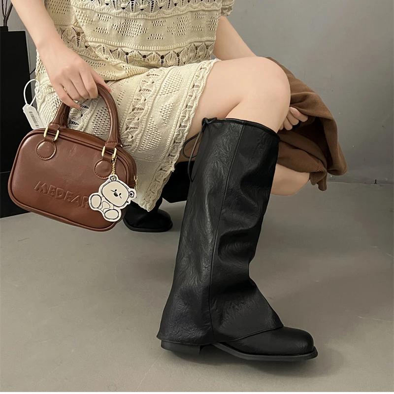 Vintage Thick Heel Women Trouser Legs Boots Fashion Ladies Round Toe Knight Long Booties Botas De Inverno Feminina