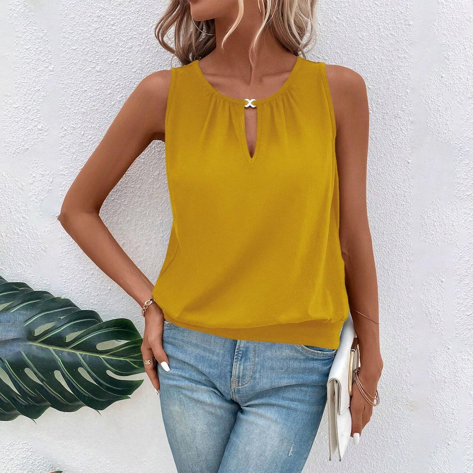 

Женский персонализированный однотонный топ без рукавов с круглым вырезом и пряжкой XL жёлтый