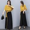 Summer Temperament Wide Leg Pants Suit Bow Short Sleeve Fashion Two Piece Suit for Women