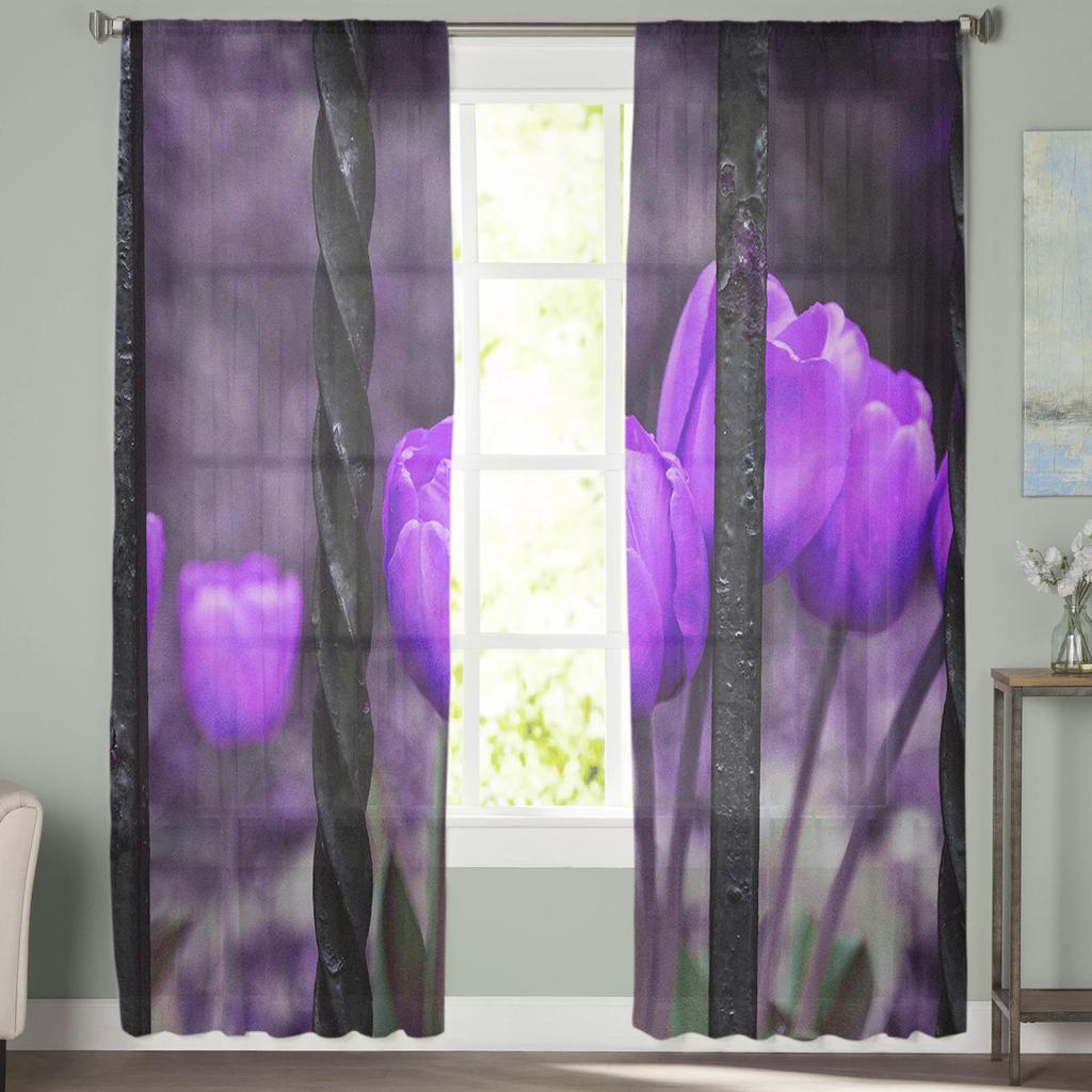 Lila Tulpenblumen in Eisengeländer Tüll Transparente Fenstervorhänge für Wohnzimmer Küche Kinderzimmer Voile Hängevorhang