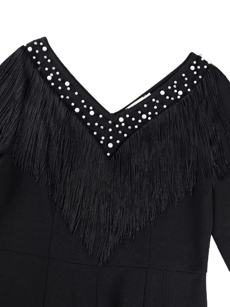 Svart Elegant Jumpsuit V-Hals Pärlbroderi Patchwork Tofs Lång Ärm Slim Fit Kontorskläder Fest Dam En Del Romper Outfit