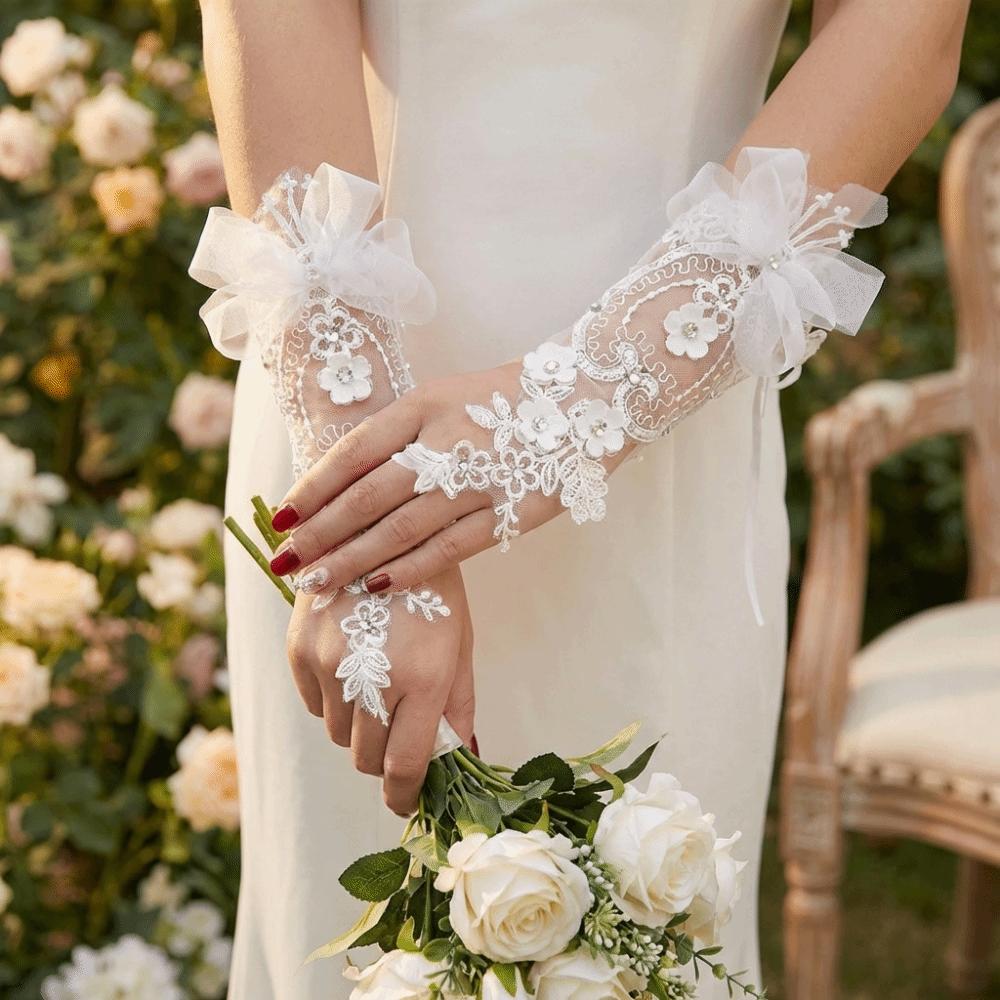 1 Pair Flower Finger Hook Bridal Wedding Dress Gloves Elegant Texture Lace Gloves Bridal Party