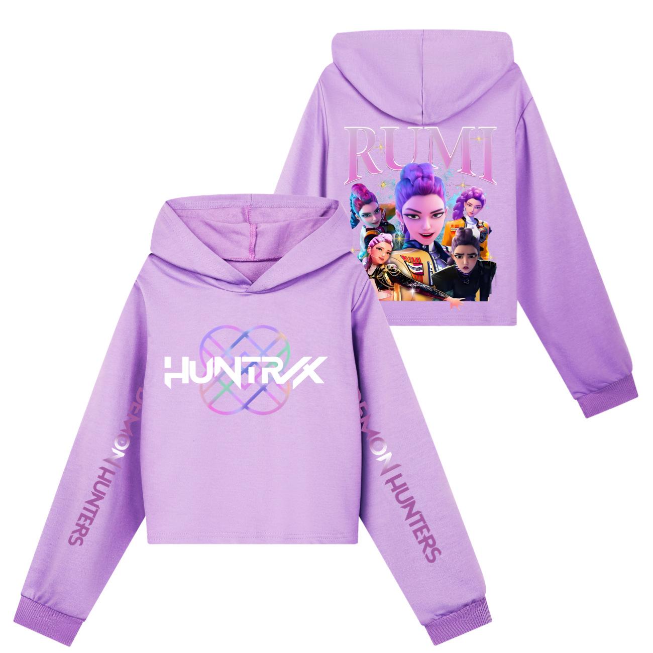 

Girls Hoodies & Sweatshirts Kpop Witch Hunt Girls Half Waist Short Hoodie Single and Double Sleeve Printed Casual Top 160 фиолетовый