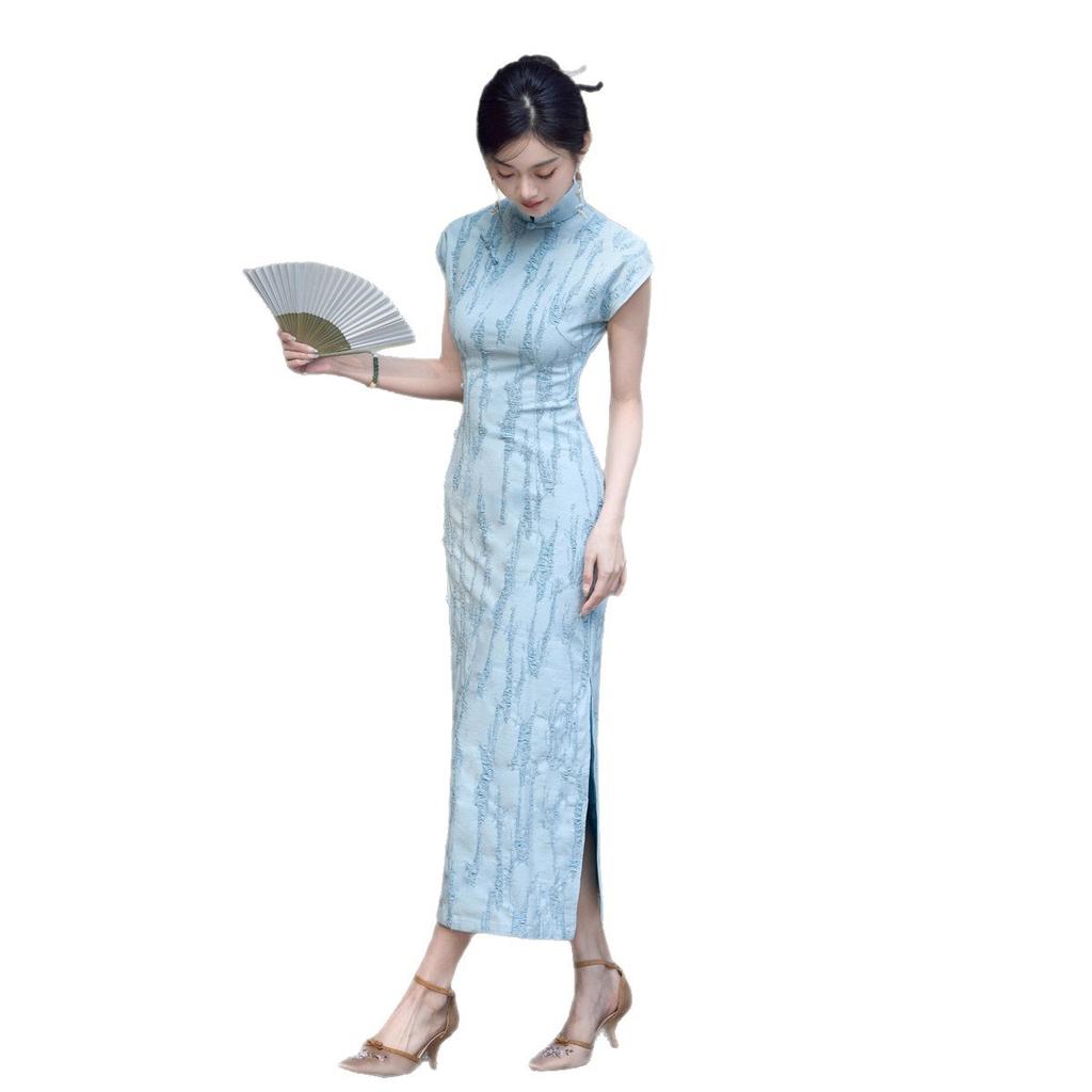 New Chinese young blue cheongsam 1011 summer girl daily thin temperament improved version retro dress