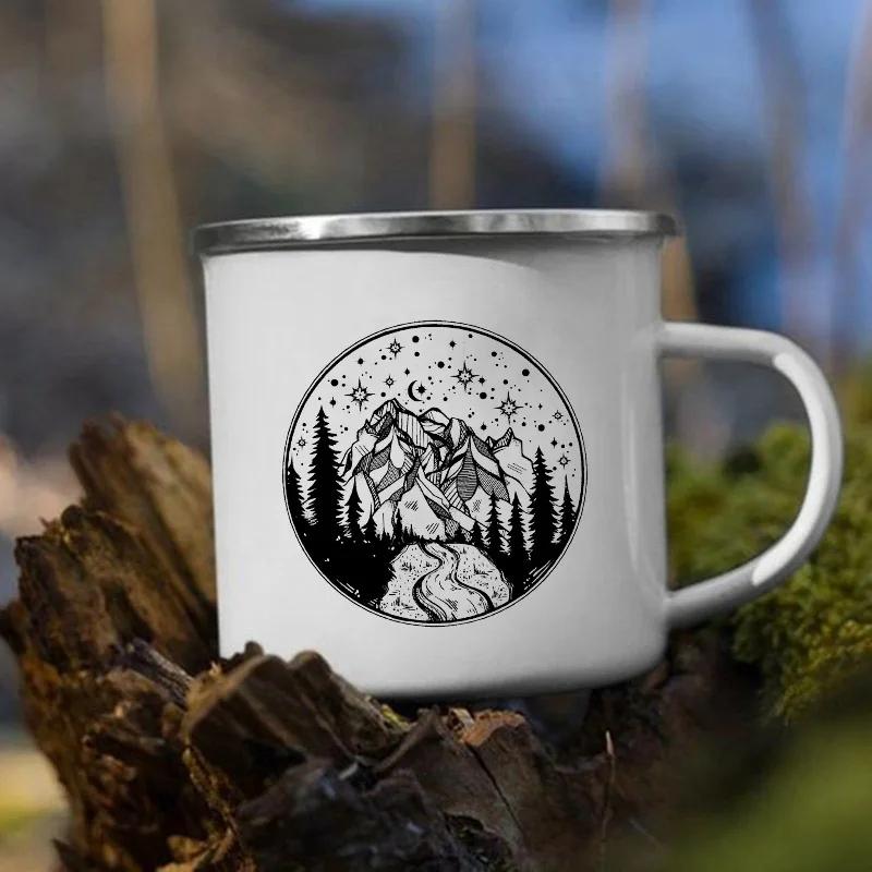 Stampa 'Le Montagne Aspettano' Tazza Smaltata Creativa Campeggio Caffè Tè Acqua Latte Tazze Manico Bicchiere Vacanza Escursionismo Regalo