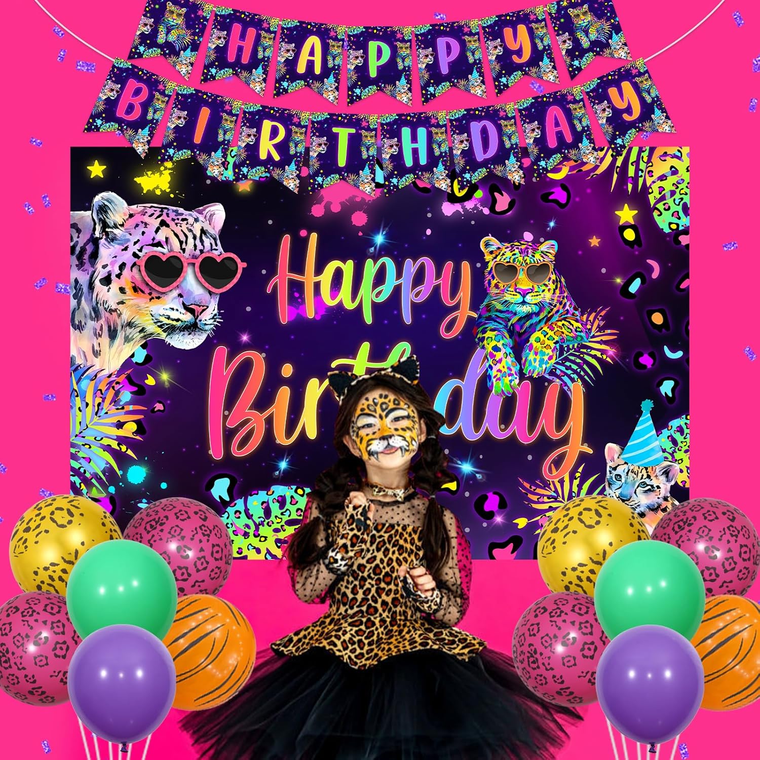 Cheereveal Rainbow Cheetah Birthday Decorations for Boys Girls - Leopard Print Happy Birthday Backdrop, Cheetah Wild Cake Cupcake Toppers, Jungle