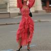 European and American Women's Clothing, New Spring Models, Fashionable and Elegant Printed Irregular Ruffle Edge Dress