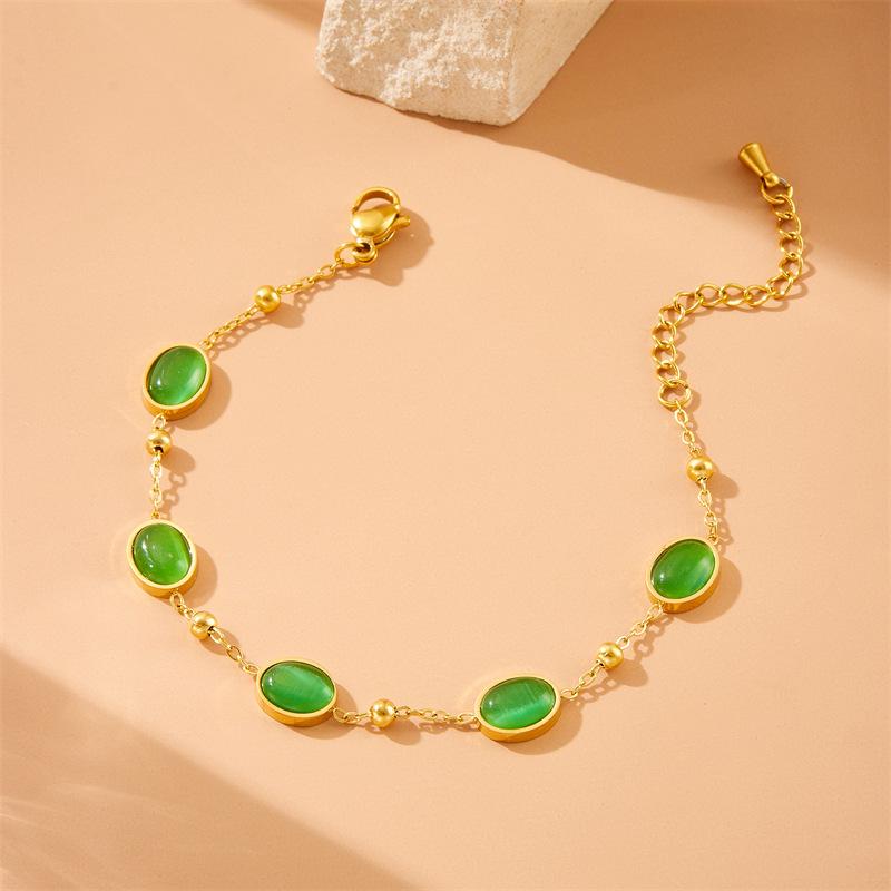 Gold Green Oval Stone Jewelry Set Necklace Bracelet Earrings for Women