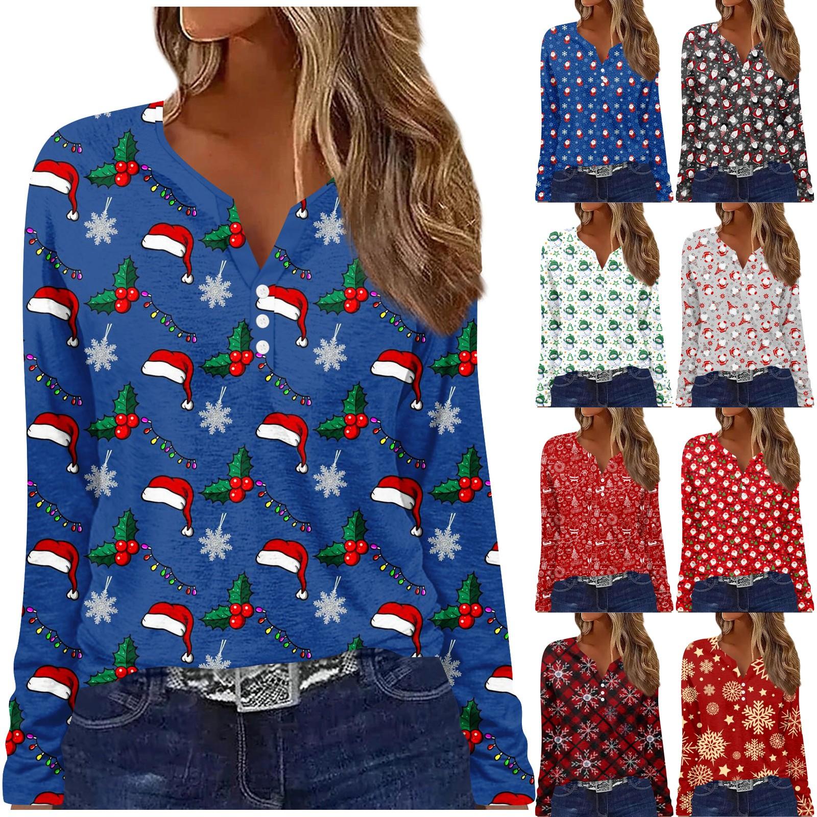 

Жен. Футболка Футболка Пуговицы Длинный рукав Рождественский принт Повседневные Выходные Мода Классический V-образный вырез Обычный Верх XL красный