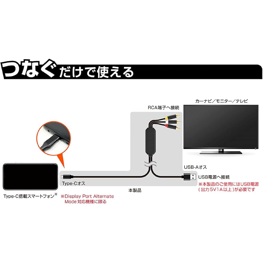 Kashimura RCA Conversion Cable, Type-C Only, Allows Charging While Displaying Video, Cable Length (RCA (Red, White, Yellow) To Type-C Male): Approx. 1