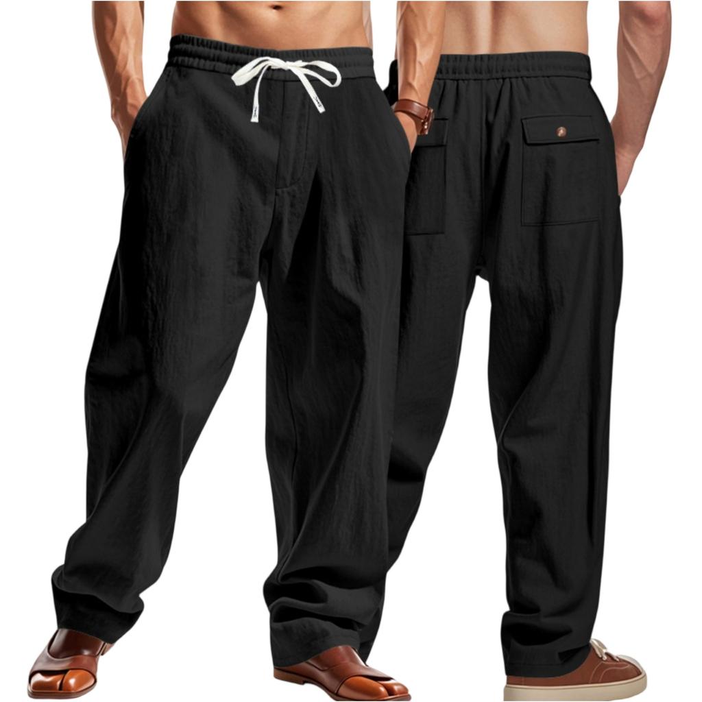 Men's Casual Relaxed Fit Linen Pants with Drawstring Waist Lightweight Breathable Summer Trousers for Beach & Everyday Wear
