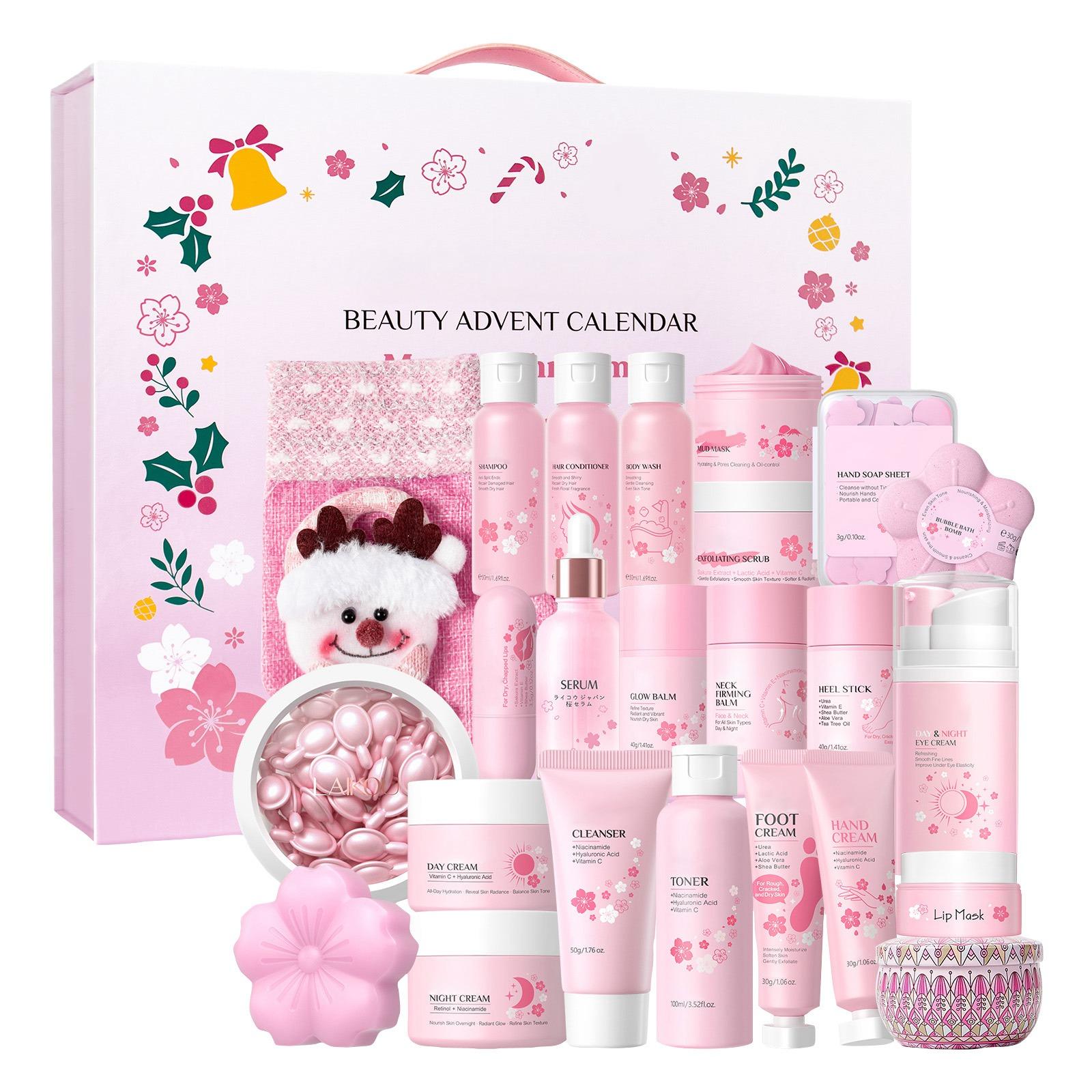 

Календарь Адвента для красоты для женщин 24 предмета Рождественский подарочный набор для ухода за кожей Идеальный праздничный подарок для дам 280 мл(24pcs / комплект) One Size розовый