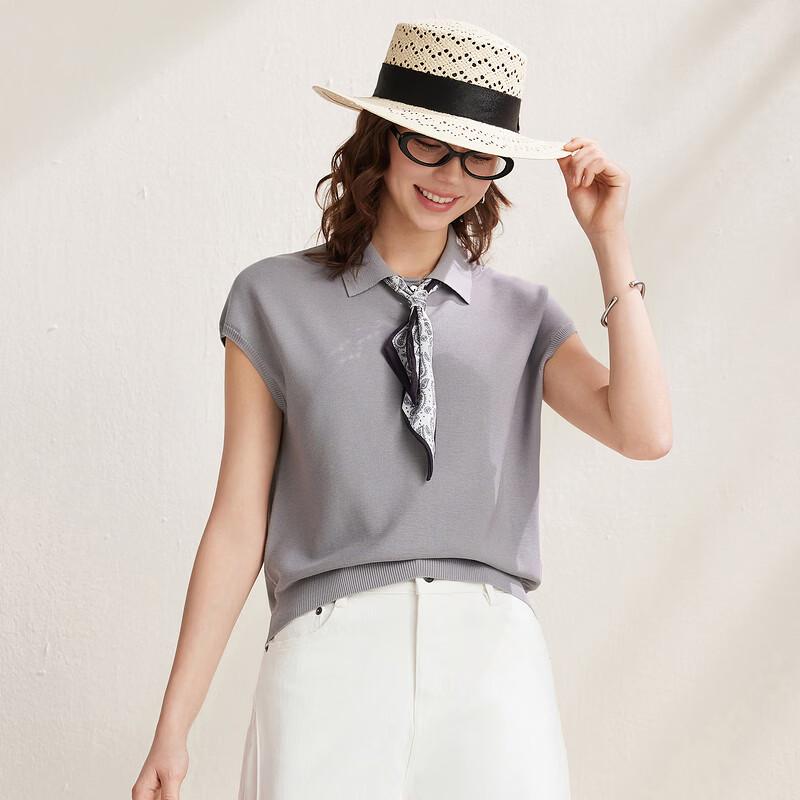 Zhaojun Women's Mulberry Silk Blend Short Sleeve Knit T-shirt with Lapel Collar